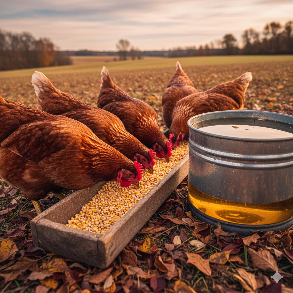 Gallinas alimentándose solo con maíz