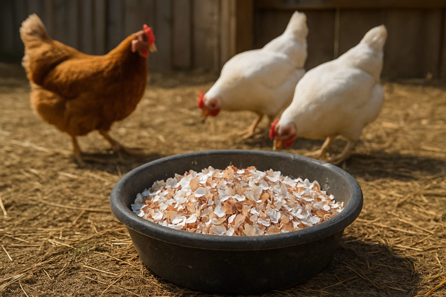 Gallinas comiendo cascara de huevo