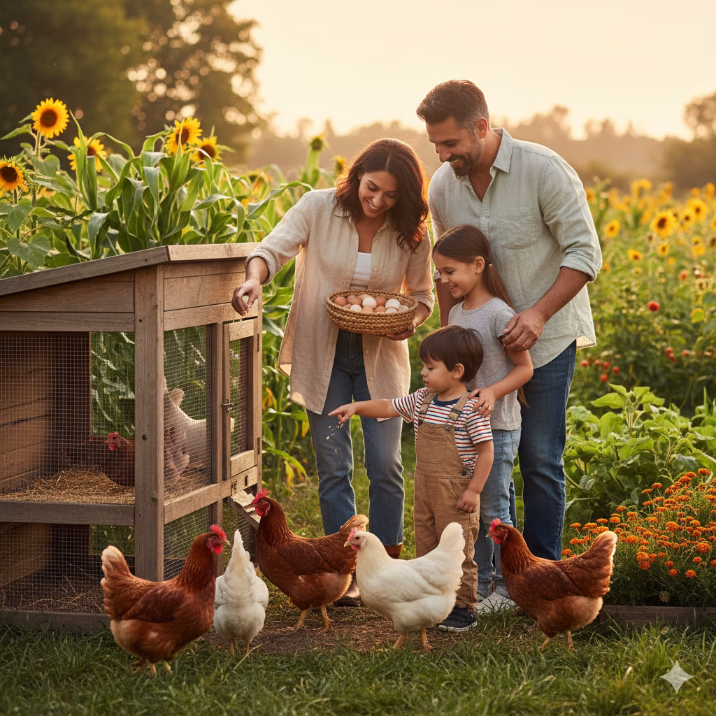 Familia criando cuatro gallinas para hacerse rica