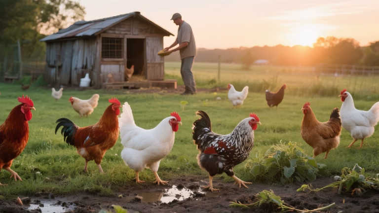 Granjero mira como asombra como sus gallinas buscan su comida por si mismas