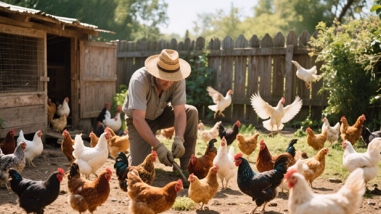 Granjero criando gallinas de manera tranquila en el campo